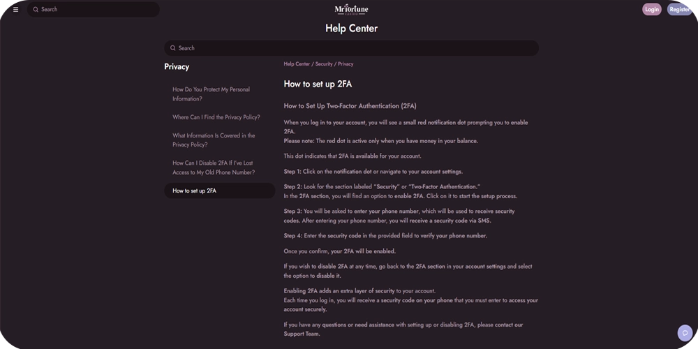 Two-Factor authentication in Mr Fortune Casino - step by step 