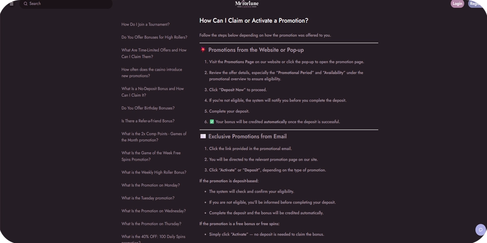 Bonus claiming in Mr Fortune Casino guide