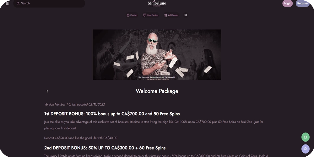 Mr Fortune Casino welcome package for new users